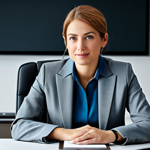 **

A professional businesswoman in a modest business suit, sitting at a desk in a modern office, fully clothed, appropriate attire, safe for work, perfect anatomy, natural proportions, professional photography, high quality.

**