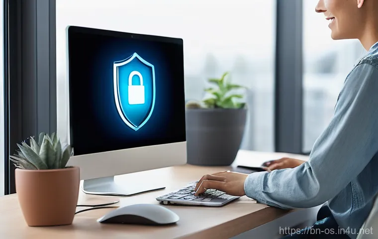 운영체제별 백업 전략 추천 - **A relieved Windows user securing data with an external hard drive.**
* **Subject:** A person...