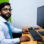 운영체제별 가상화 도구 비교 - A modern office workspace featuring a professional Bangladeshi IT specialist working on a high-end l...