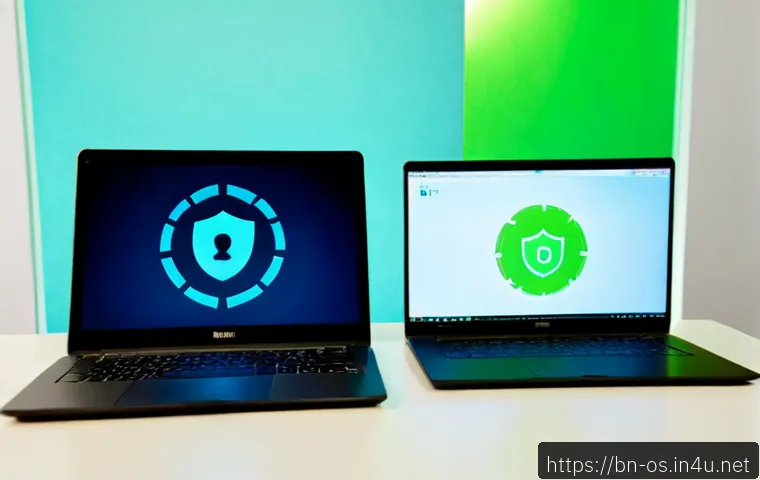 운영체제별 보안 기능 비교 - Photorealistic side-by-side comparison scene of two modern unbranded laptops on a clean desk, each s...